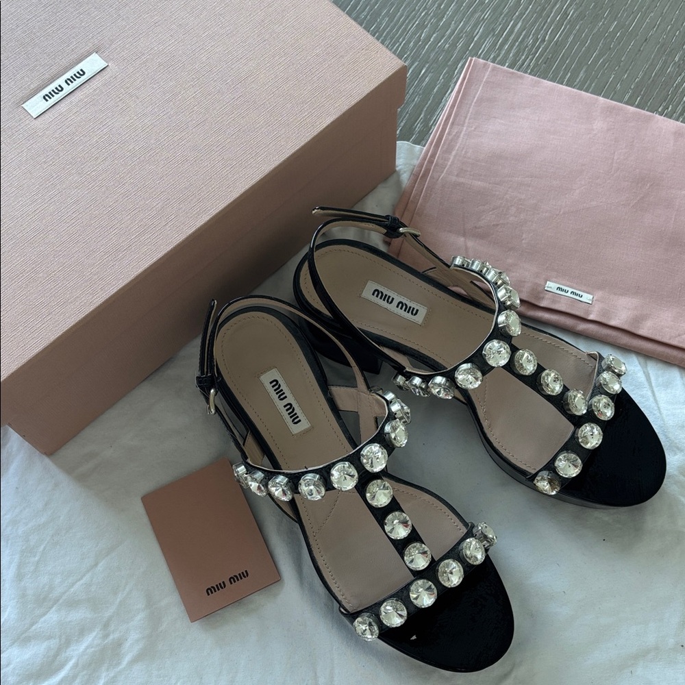 Miu Miu Black and Beige Crystal platform heels